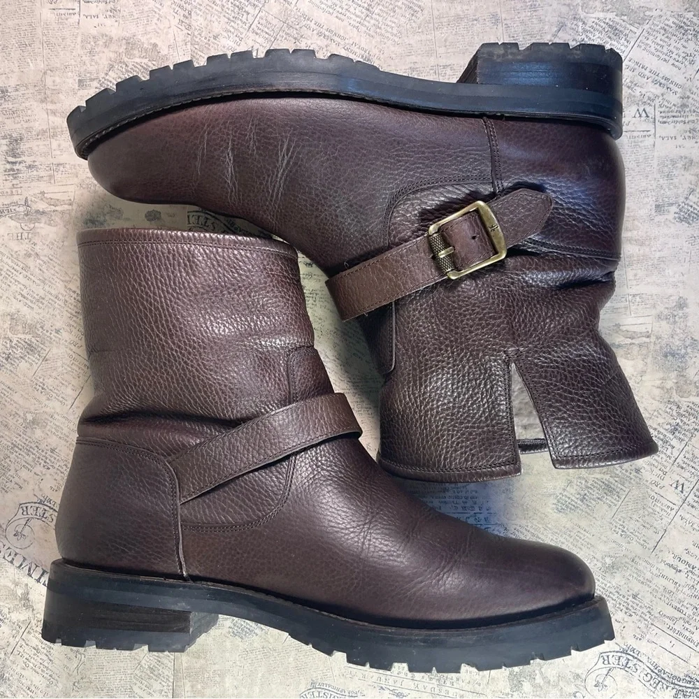 Frye Veronica Shearling Leather Moto Booties Brown Buckle Boots Made in Mexico